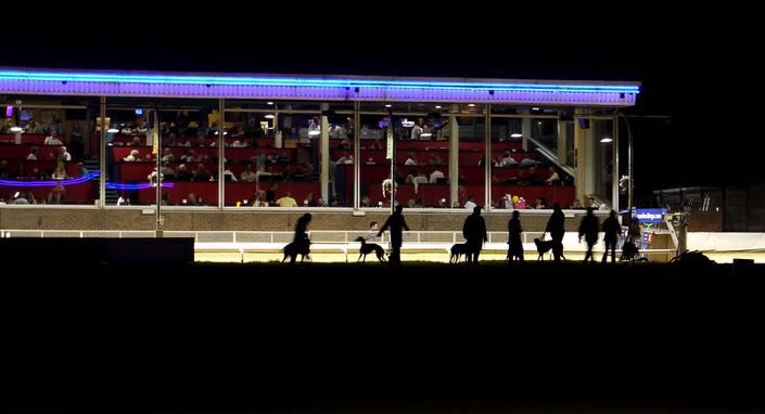 Romford Greyhound Stadium at night